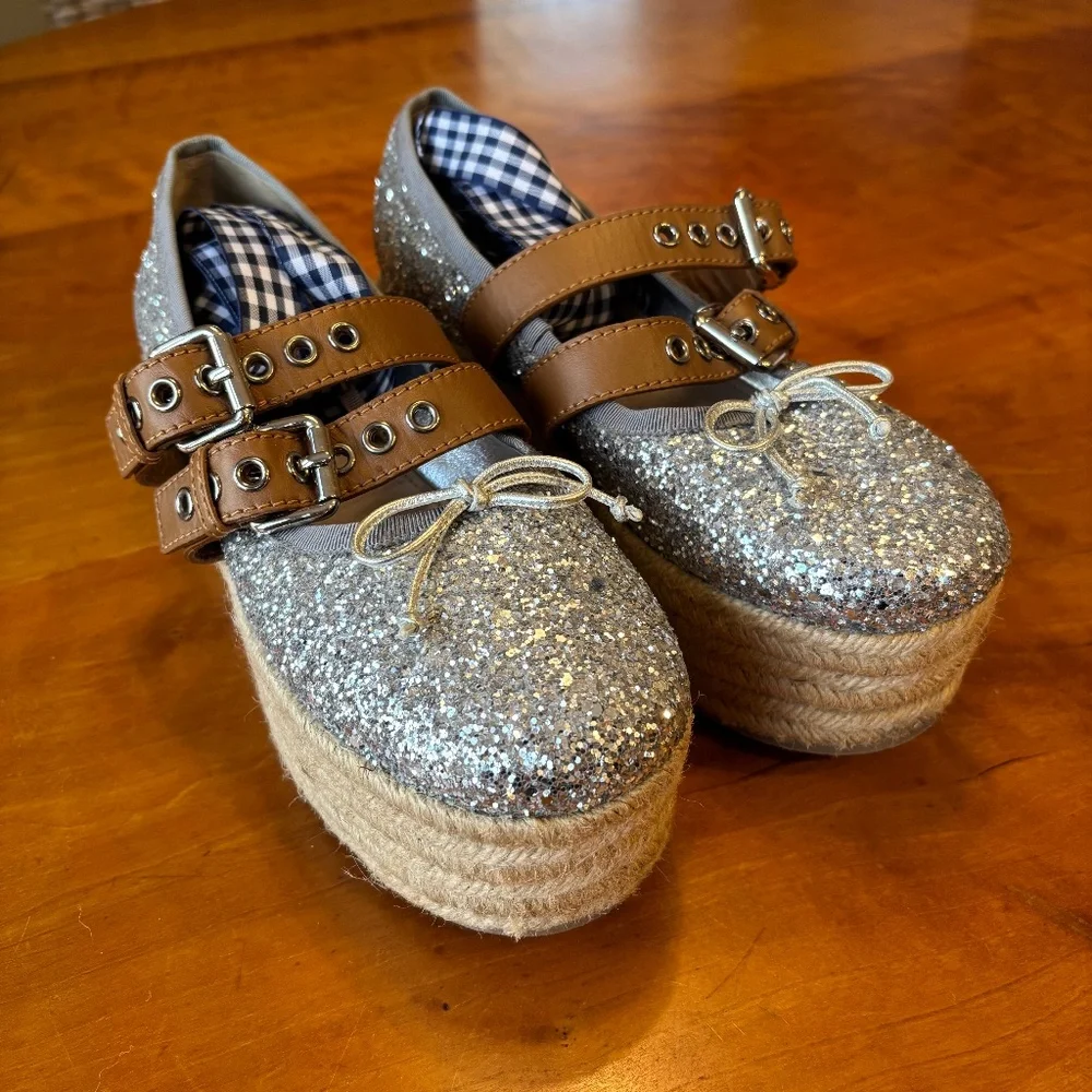 Retail $650! Miu Miu Glitter Silver Platform Espadrilles Removables Ties 40 9.5